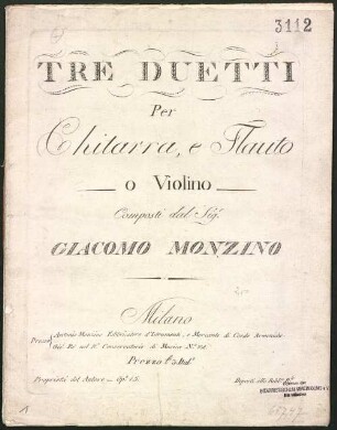 Tre duetti per chitarra, e flauto o violino : opa 15