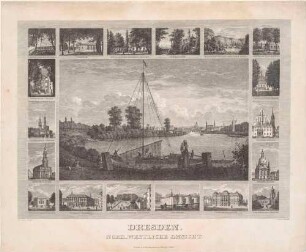 Bilderbogen mit einer großen und 18 kleinen Stadtansichten von Dresden