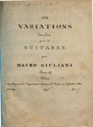 Six variations faciles pour la guitarre : oeuvre 32