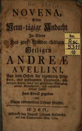 Novena Oder Neuntägige Andacht zu Ehren des heiligen Andreae Avellini