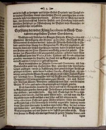 Erzehlung der wider König Jocobum in Groß-Brittannien angestellten Pulver-Verrätherey.