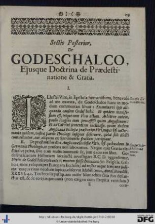 Sectio Posterior, De Godeschalco, Ejusque Doctrina de Praedestinatione et Gratia.