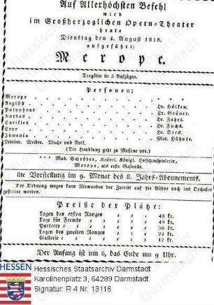 Darmstadt, Hoftheater / Theaterzettel 1818 August 4 / 'Merope' (Tragödie)