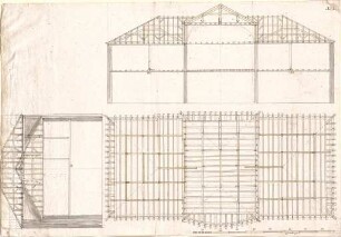 Pedetti, Peter Moritz (Maurizio); Pfünz bei Eichstätt; Schloss (Codex Aureatinus) - Dachkonstruktion (Grundriss, Querschnitt,Längsschnitt)