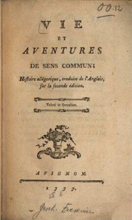Vie et aventures de sens commun : Histoire allégorique