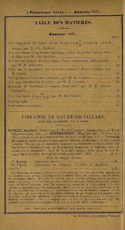 Table des matières. Janvier 1887.