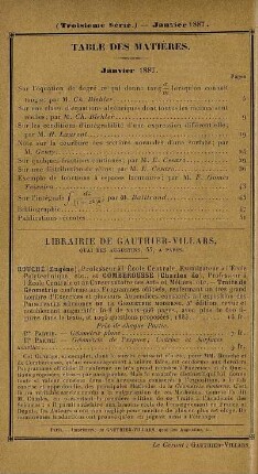 Table des matières. Janvier 1887.