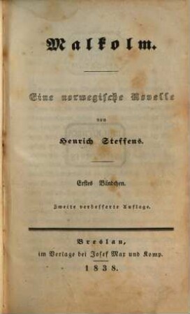 Novellen : Gesammt-Ausgabe, 13. Malkolm. 1. Bd. : eine norwegische Novelle