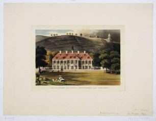 Das Schloss Wackerbarths Ruhe in Radebeul-Niederlößnitz, Wackerbarthstraße 1, 1816-1823 Erziehungsanstalt für Knaben unter Leitung von Carl Lang, rechts oben der Jacobstein