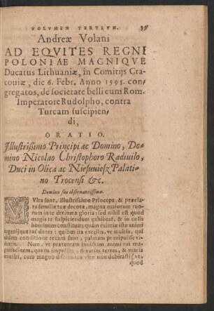 Andreae Volani Ad Equites Regni Poloniae Magnique Ducatus Lithuaniae ... Oratio.