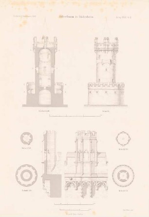 Adlerturm, Rüdesheim: Ansicht, Querschnitt, Horizontalschnitte, Detail (aus: Atlas zur Zeitschrift für Bauwesen, hrsg. v. L.v.Tiedemann, Jg. 36, 1886)