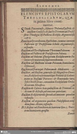 Elenchus Epistolarum Theologicarum, Quae in primo libro continentur