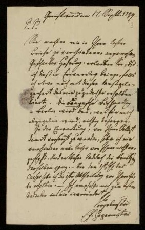 3: Brief von Emanuel Friedrich Hagemeister an Gustav Hugo, Greifswald, 17.9.1799