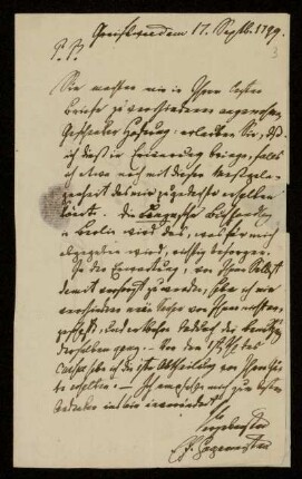 3: Brief von Emanuel Friedrich Hagemeister an Gustav Hugo, Greifswald, 17.9.1799