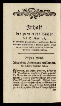 Inhalt der zwey ersten Bücher des Q. Curtius