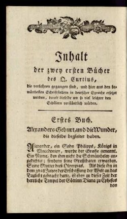 Inhalt der zwey ersten Bücher des Q. Curtius
