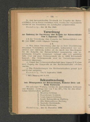 Bekanntmachung, betr. Öffnungszeiten der Hafenschleusen, Neuhofer Dreh- und Rethe Hubbrücke