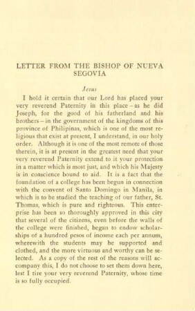 Letter from the bishop of Nueva Segovia