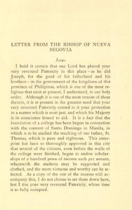 Letter from the bishop of Nueva Segovia