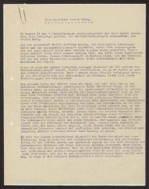 Typoskript "Herr Carlebach treibt Unfug", Textentwurf von Abraham Horodisch (1898-1987) zur Veröffentlichung im Israelitischen Familienblatt