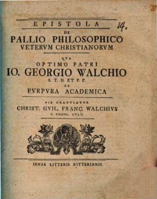 Epistola de pallio philosophico veterum Christianorum