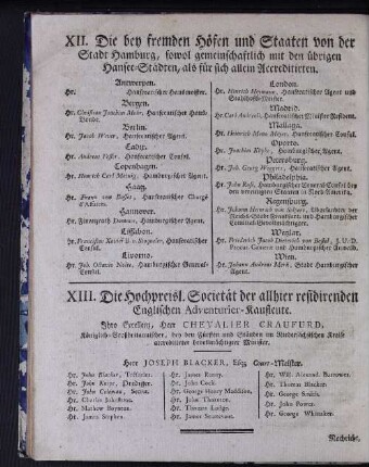 XII. Die bey fremden Höfen und Staaten von der Stadt Hamburg, sowol gemeinschaftlich mit den übrigen Hansee-Städten, als für sich alle Accreditirten.