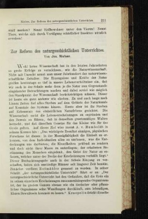 Zur Reform des naturgeschichtlichen Unterrichtes