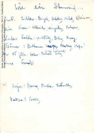 Besetzungsvorschläge, handschriftlich von Artur Brauner