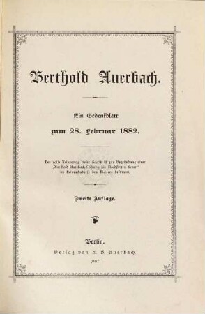 Berthold Auerbach : Ein Gedenkblatt zum 28. Febr. 1882