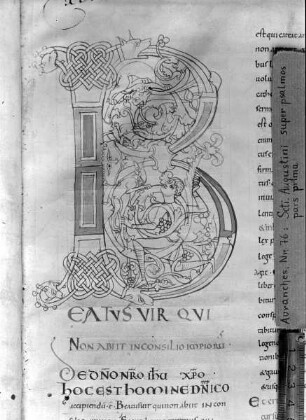 Sancti Augustini super psalmos / S. Augustini commentarius in Psalmos CI-CL — Initiale B, unvollendet, Folio fol 1