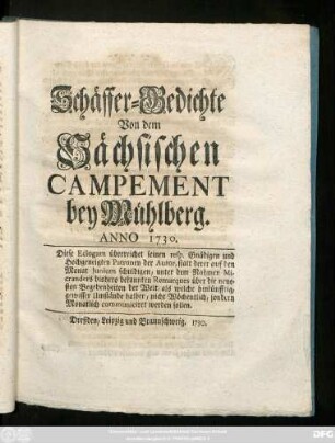 Schäffer-Gedichte Von dem Sächsischen Campement bey Mühlberg. Anno 1730