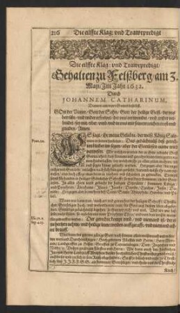Die eilffte Klag: und Trawrpredigt/ Gehalten zu Felßberg/ am 3. Maji/ Im Jahr 1632. Durch Johannem Catharinum [...]