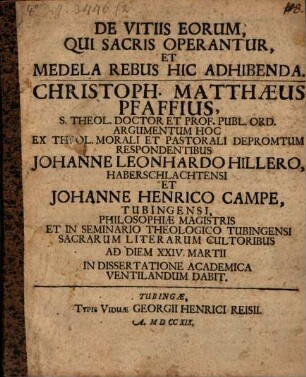 De vitiis eorum, qui sacris operantur, et medela rebus hic adhibenda