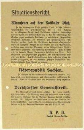Flugblatt der KPD zu Kämpfen am Kottbuser Tor in Berlin und zur Ausrufung einer Räterepublik in Sachsen