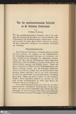 Über den maschinentechnischen Unterricht an der Deutschen Gerberschule