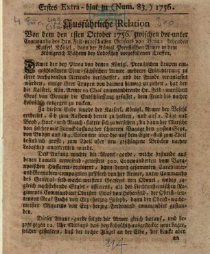 Ausführliche Relation von dem 1. 10. 1756 zwischen Kayserl. und Preuß. Armee bei Loboschitz vorgefallenen Treffen