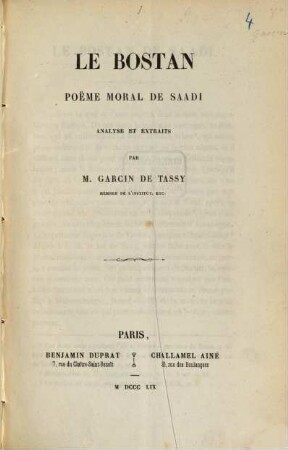 Le Bostan poëme moral de Saadi analyse et extraits par Garcin de Tassy