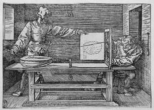 Der Lautenzeichner : Dürer, Albrecht: Der Lautenzeichner. Holzschnitt aus "Unterweisung der Messung". 1525. Holzschnitt. Dresden, Ausstellung "Deutsche Kunst der Dürerzeit", 1971.09.18-1972.01.16