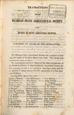 Transactions of the State Agricultural Society of Michigan : with reports of county agricultural societies for ... ; published by order of the legislature. [1]. 1849 (1850)
