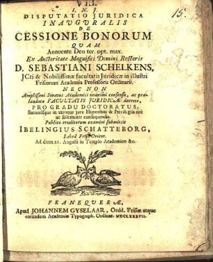 Disputatio Juridica Inauguralis De Cessione Bonorum