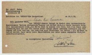 Brief von Adolf Behne an Raoul Hausmann. Berlin