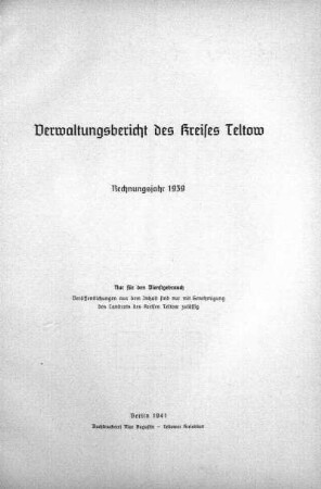 1939: Verwaltungsbericht des Kreises Teltow : Rechnungsjahr ...