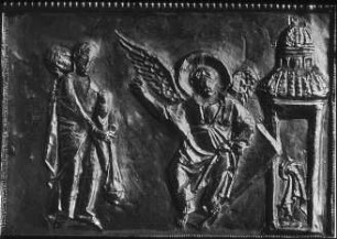 Aachen, Dom, Domschatz, Deckel des karolingischen Evangeliars, Figuren am Grabe, ottonische Goldschmiedearbeit, reichenauisch ?, Elfenbein byzantinisch