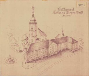 Wettbewerb Rathaus Siegen /Westfalen (135789). Inhalt: Schaubild (Kornmarktseite); Schaubild (Seite Nikoklaikirche); Ansichten (M 1:200), Von Nikolaikirche, vom Kornmarkt, vom Markt, Hinteransicht von Hundgasse; Grundrisse (M 1:200); Obergeschoss Altbau, Erdgeschoss Altneubau, Erdgeschoss Erweiterung, Erdgeschoss Altbau, Zwischengeschoss Altneubau, Zwischengeschoss Erweiterung, Kellergeschoss mit Ratskeller; Grundriss (M 1:200) Dachgeschoss, Obergeschoss, Altbau, Altneubau und Erweiterung, Tiefkellergeschoss; Schnitt Längsschnitt Altbau, Altneubau und Erweiterung, Querschnitt Altbau und Erweiterung