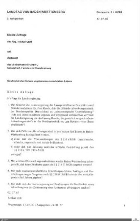 Anfrage der CDU: Strafrechtlicher Schutz ungeborenen menschlichen Lebens