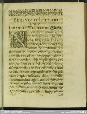 Benevolo Lectori S. P. D. Johannes Wilhelmus Struve
