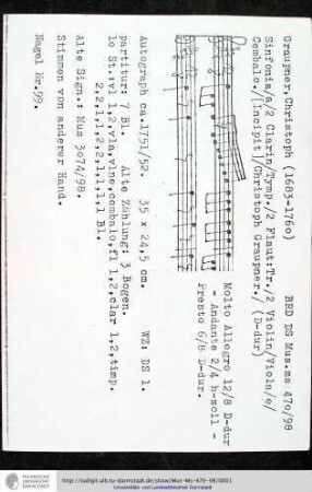 Sinfonia / a / 2 Clarin / Tymp. / 2 Flaut: Tr. / 2 Violin / Viola / e / Cembalo. / [Incipit] / Christoph Graupner.