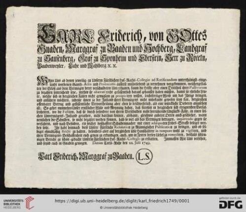 Carl Friderich, von Gottes Gnaden, Marggraf zu Baaden und Hochberg, [...]