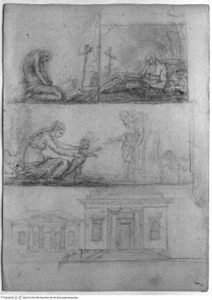Skizzenbuch, Oben links: büßende Maria Magdalena; oben rechts: büßender Hieronymus; Mitte: Begegnung von Christus und Johannes; unten: zwei Architekturentwürfe