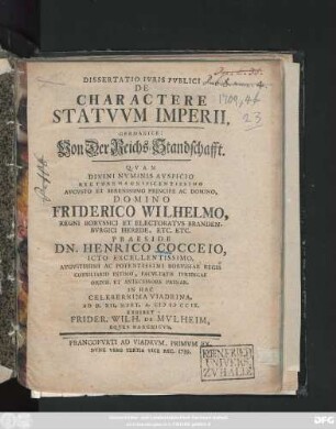 Dissertatio Ivris Pvblici De Charactere Statvvm Imperii, Germanice: Von Der Reichs-Standschafft